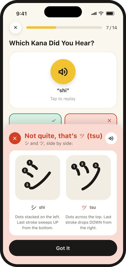 A listening question answered wrong: シ and ツ shown side by side with numbered strokes.